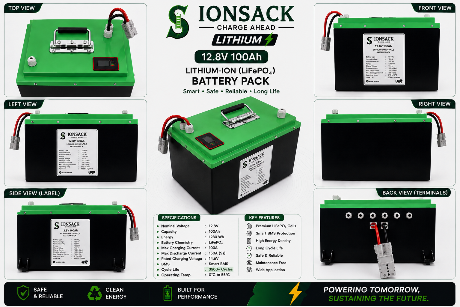 IONSACK 12.8V 100Ah LiFePO4 Lithium Battery Pack - Product Views and Specifications